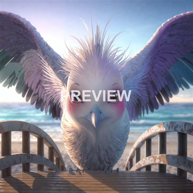 A digitally animated, adorable bird with large expressive eyes, fluffy feathers, and outstretched wings standing on a wooden pier by the ocean at sunset.